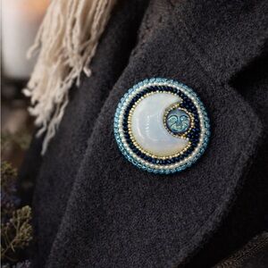 Hand Crafted Blue and Gold Beaded Moon Brooch